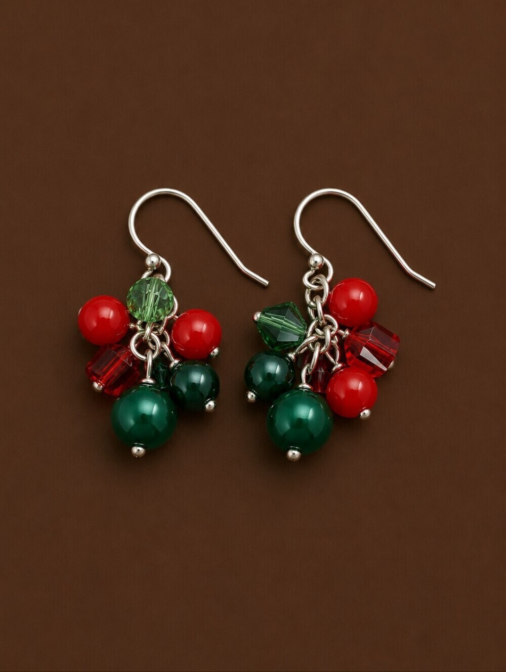5/$25 RED Green Christmas Holiday Beaded Cluster Dangle Hook Earrings
